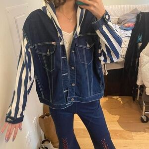 Guess Navy and White Striped Hooded Jean Jacket